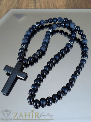 ВИСОК КЛАС черен стоманен кръст 6,5 на 4,5 см с молитва на колие ръчна изработка в 2 дължини с черен лъскав ахат, оникс мат и лава камъни 10 мм   - MK1529